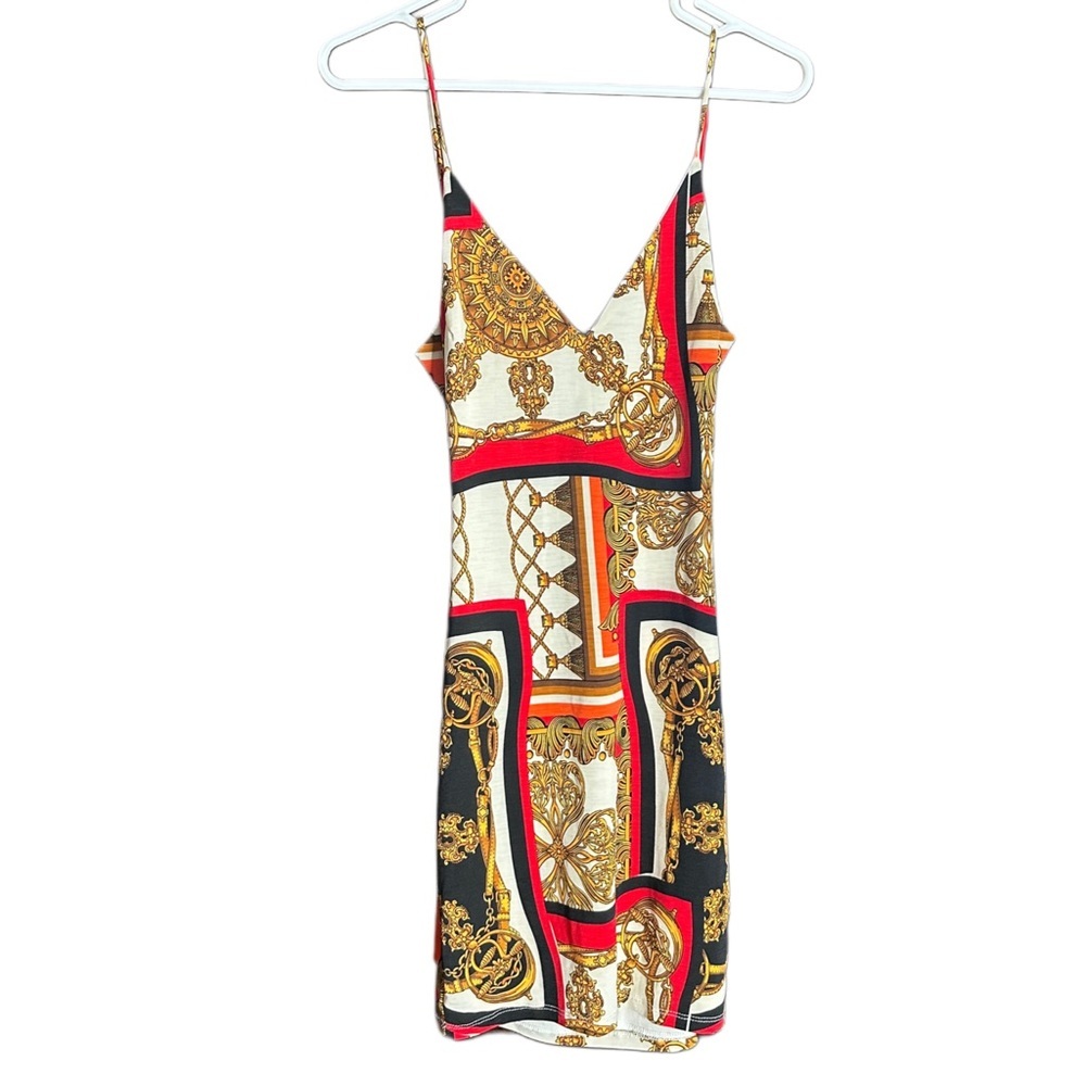 Gold Chain Print Spaghetti Strap Mini Dress - White/Black/Gold